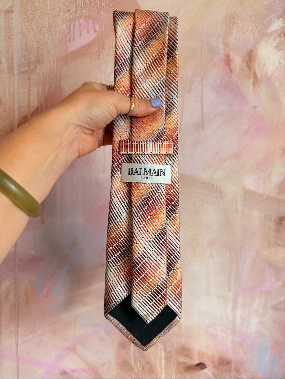 Balmain Orange and Brown Diagonal Pattern Silk Tie